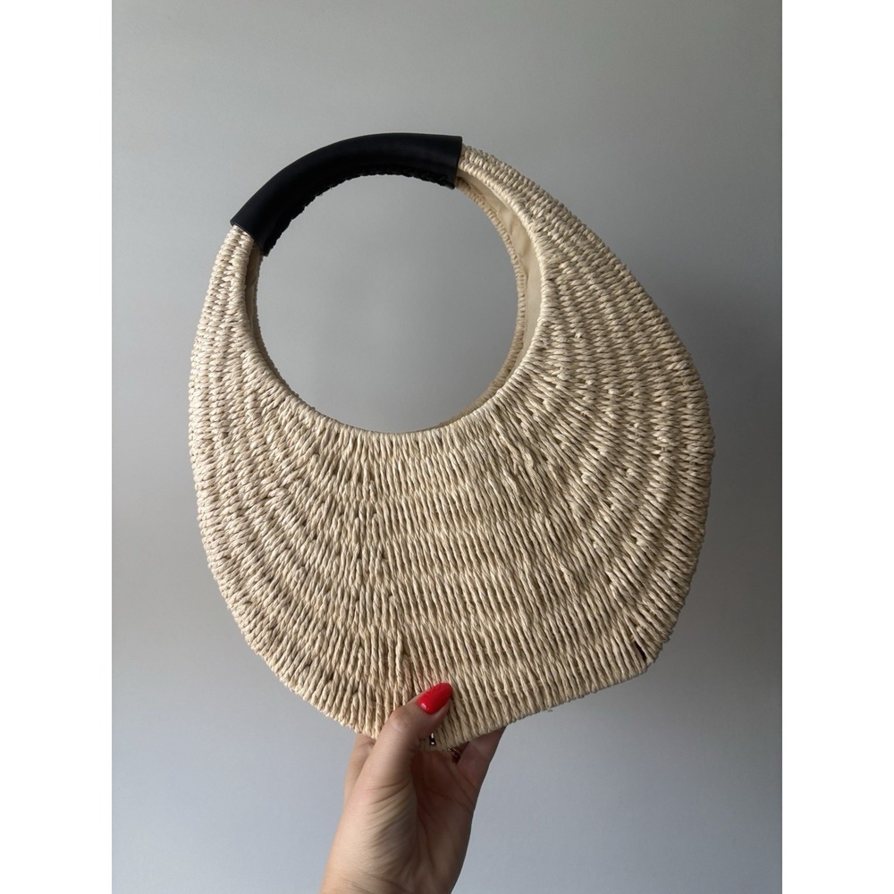 A New Day Wicker Straw Raffia Structured Beige Neutral Black Handle Boho Beachy